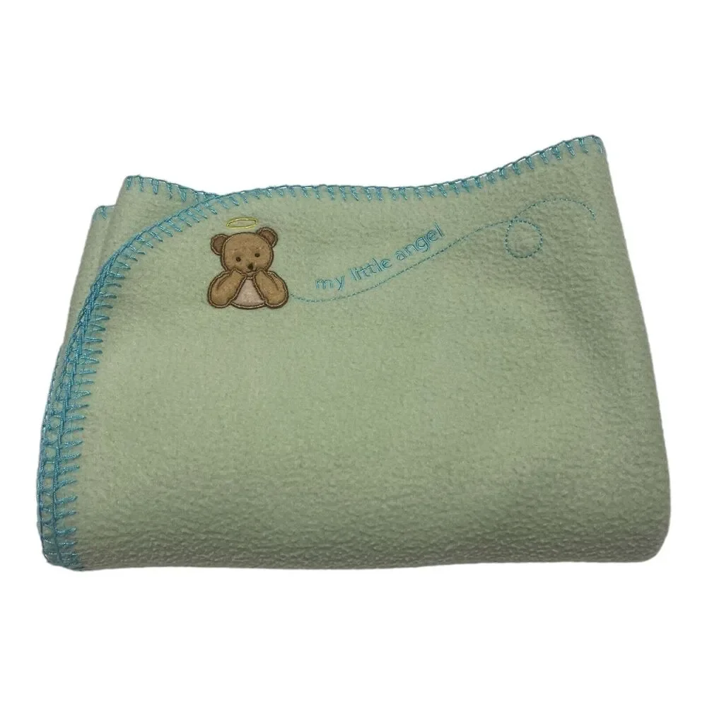 “My Little Angel” Bear Halo Green Blue Baby Blanket